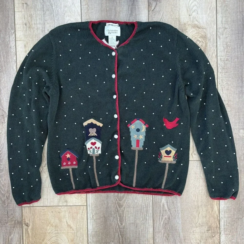 Vintage Womens Winter Sweater Size M Christmas Green 90s Beaded Hand Embroidered - Picture 5 of 13